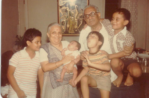 With his grand parents Manjula Kapadia (Mamu or Baimummy) and Bhagwandas Kapadia (Bha). Nawang is to the far right on Bha's  shoulder